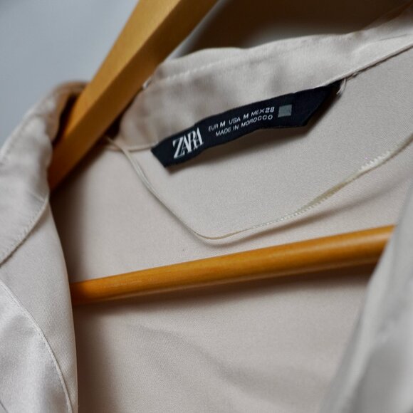 Zara Cream Satin Blouse | Button-Up Long Sleeve Shirt - Picture 4 of 5